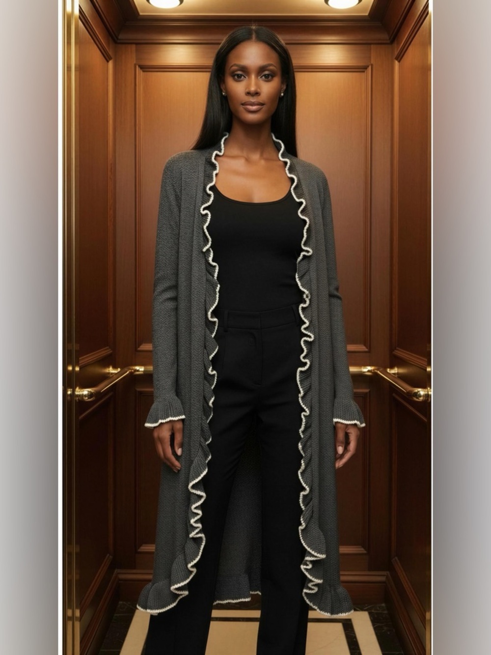 Elle Long Black Duster Cardigan with Cream Ruffle Trim Size L